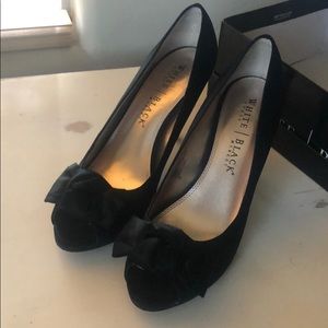 Black satin open toed High Heels